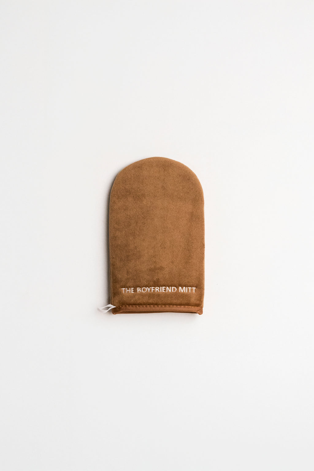 Brown suede glove with 'The Boyfriend Mitt' logo on a white background
