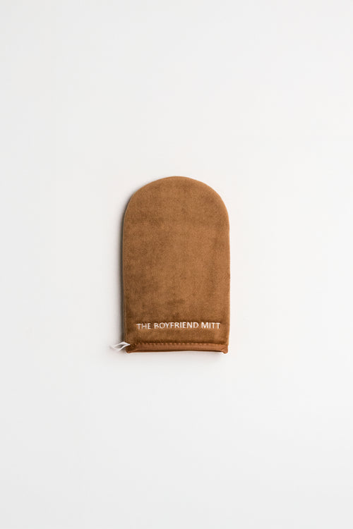 Brown suede glove with 'The Boyfriend Mitt' logo on a white background
